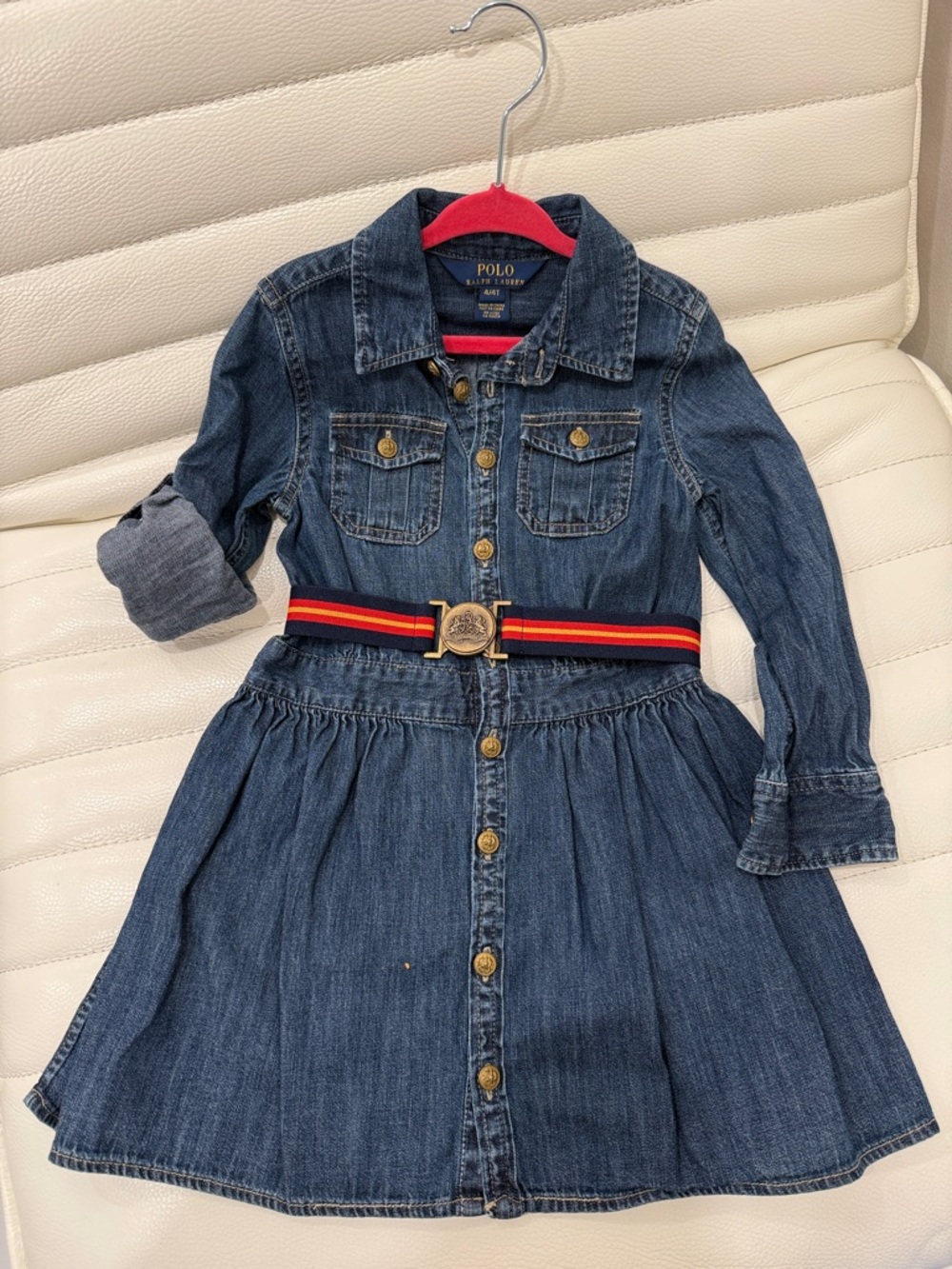 Polo by Ralph Lauren Blue Denim Shirt Dress with Navy Red Stripe Belt